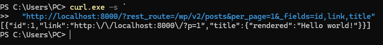 A public WordPress REST API request returning a post object.
