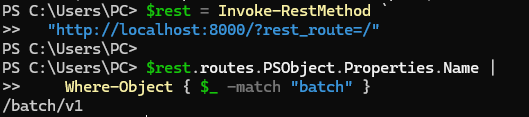 PowerShell output showing the WordPress batch route.