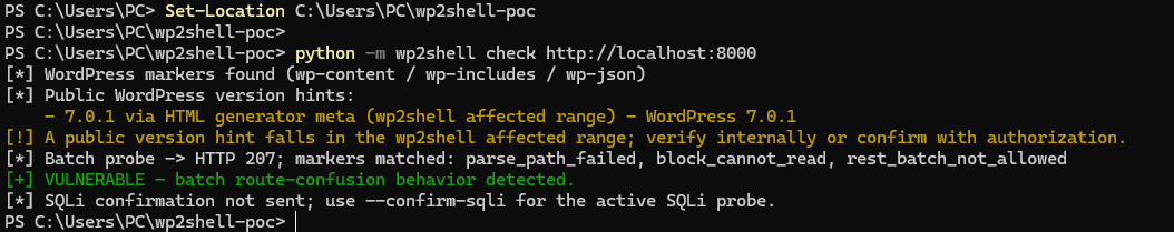 Initial wp2shell proof-of-concept output identifying the local installation as vulnerable.