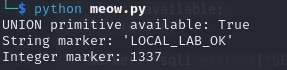 The UNION SQL injection primitive returning LOCAL_LAB_OK and 1337.