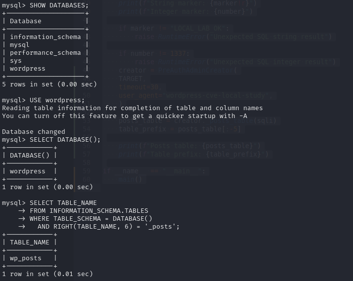 MySQL schema output independently confirming the WordPress tables and prefix.
