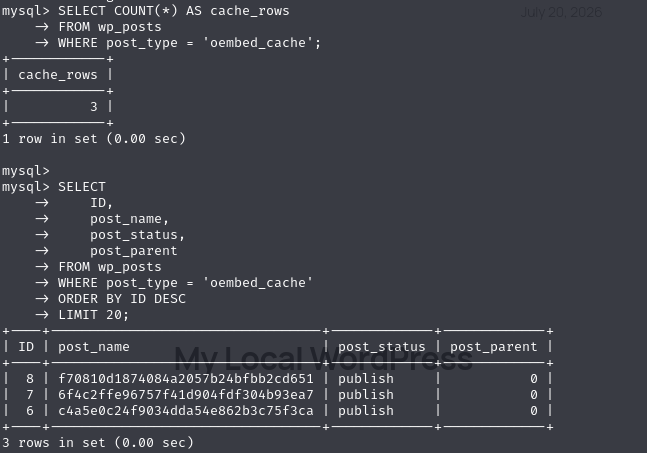 Three real oembed_cache rows visible in wp_posts after the priming stage.
