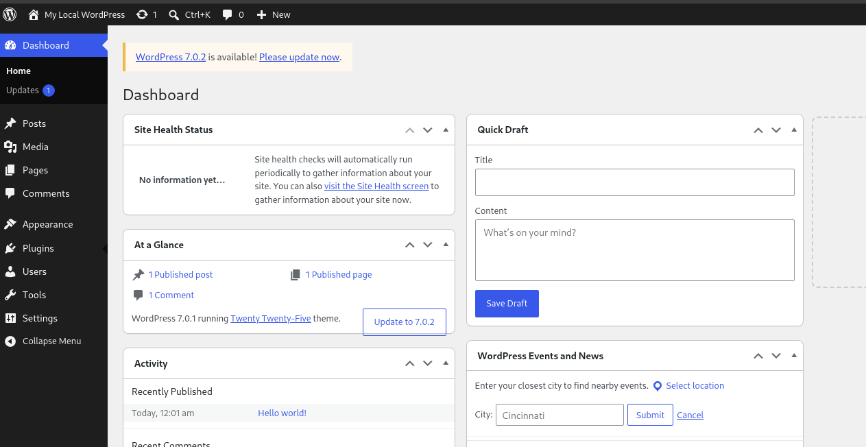 The WordPress dashboard opened with the administrator account created by the exploit chain.